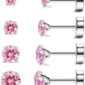 Hypoallergenic Titanium Stud Earrings Set with CZ for Sensitive Ears, 4 Pairs Fl